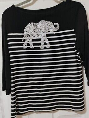 Karen Scott Black Light Weight Sweater with Silver Glitter Elephant Detail